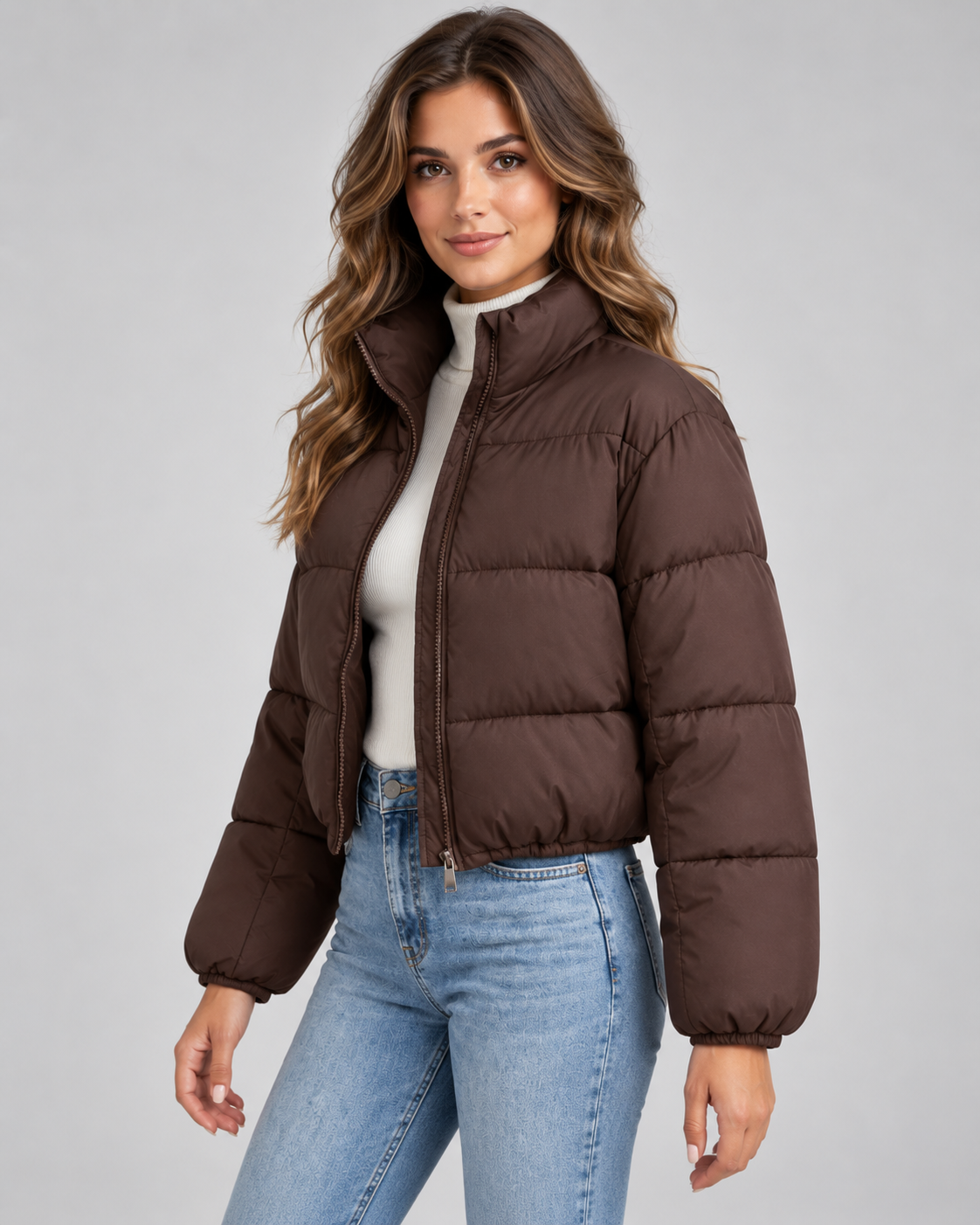 Funnel Neck Puffer Jacket - Cropped Quilted Zip Front