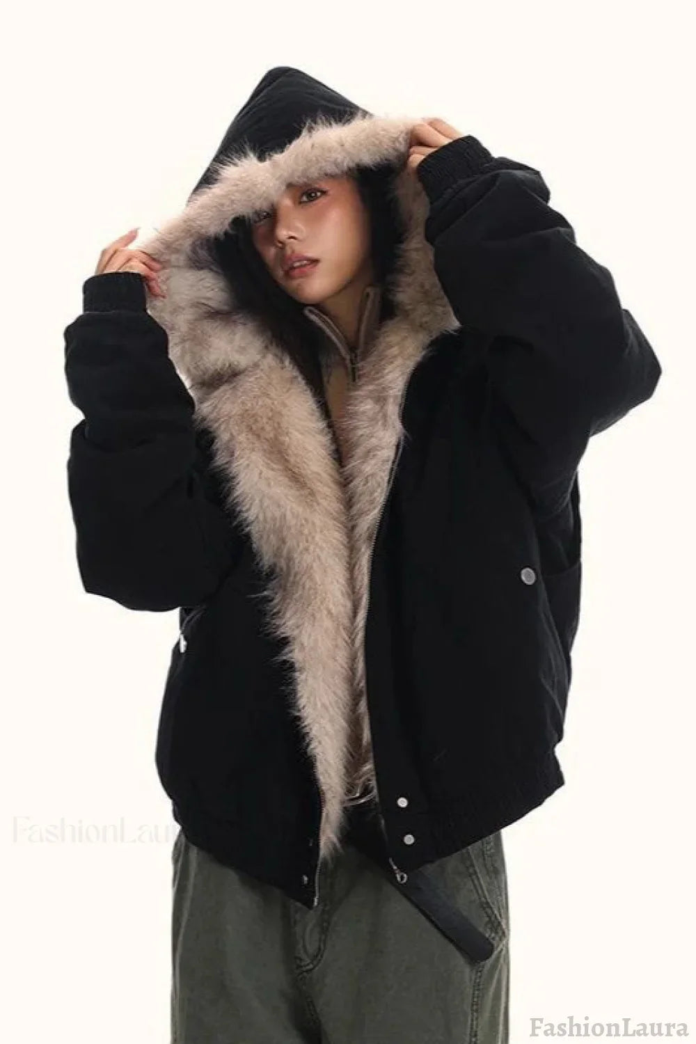 Fur Hooded Insulated Jacket Black / S