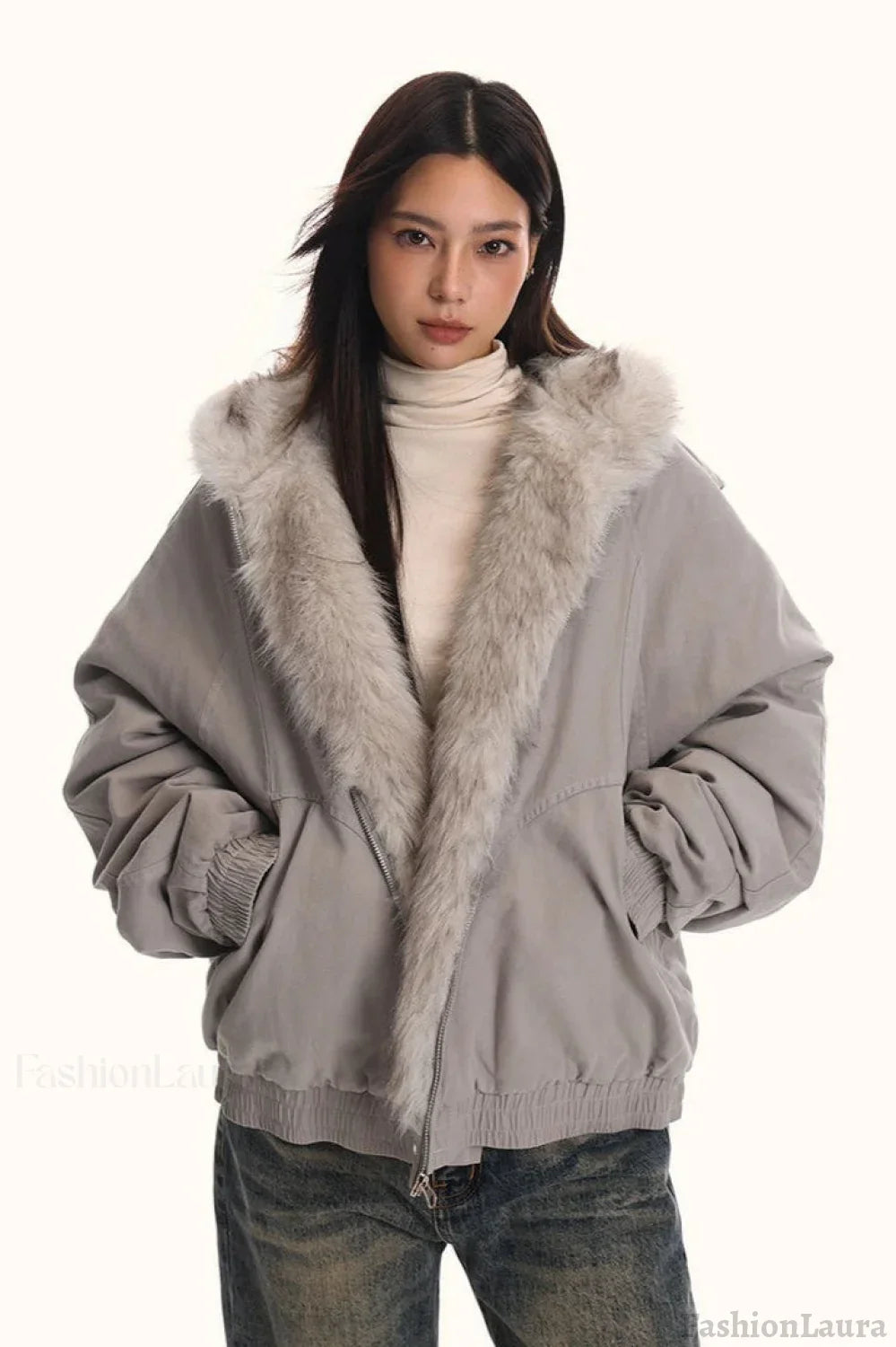 Fur Hooded Insulated Jacket Grey / S