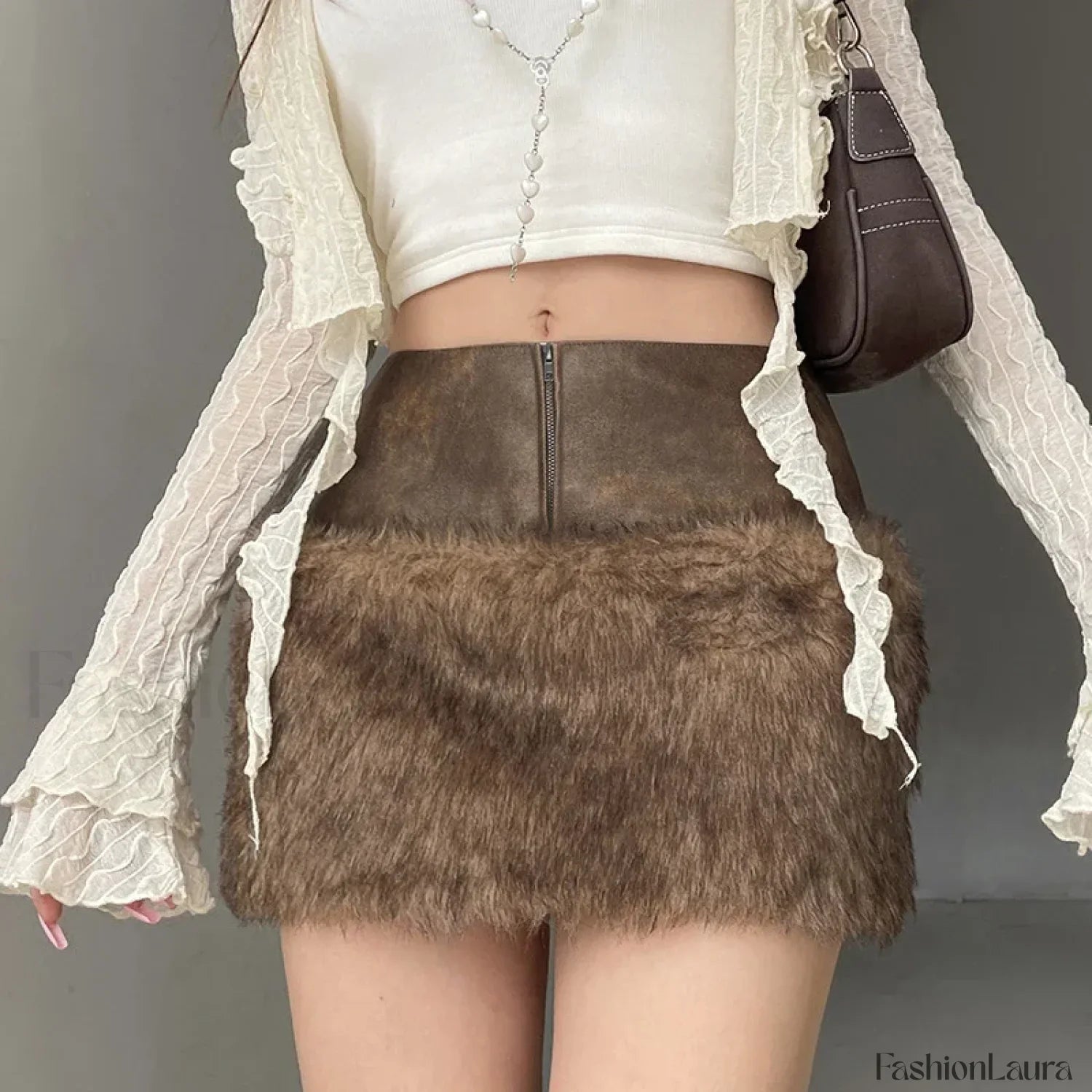 Fur Leather Patchwork Mini Skirt