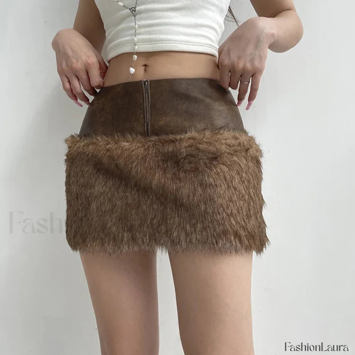 Fur Leather Patchwork Mini Skirt