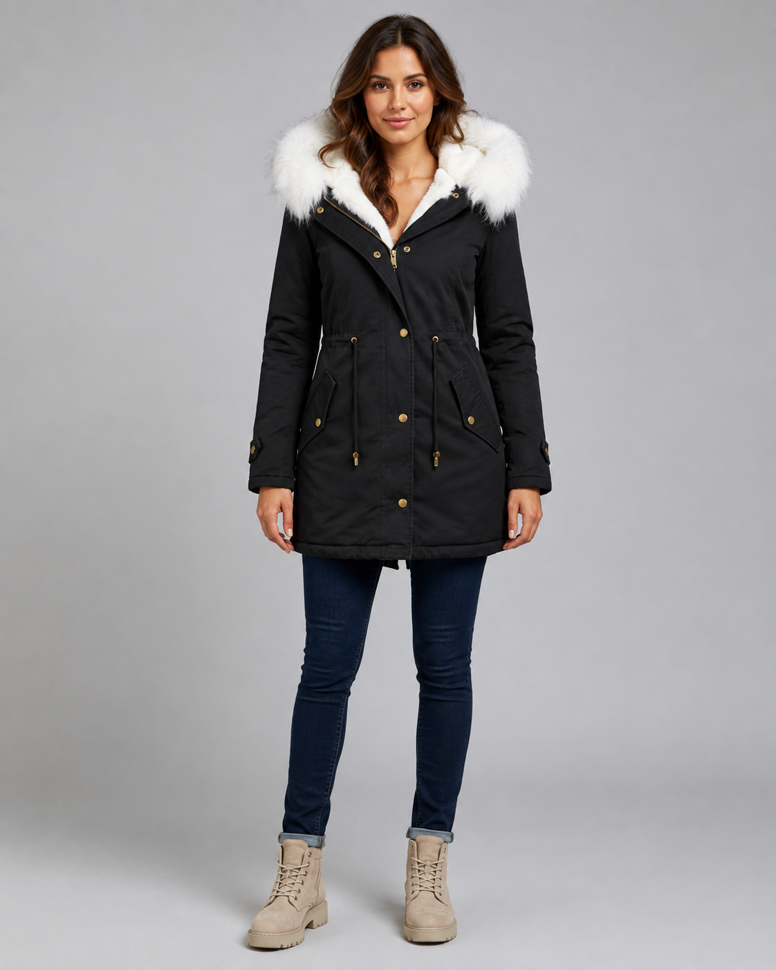 Fur Trim Hooded Long Parka with Drawstring Waist