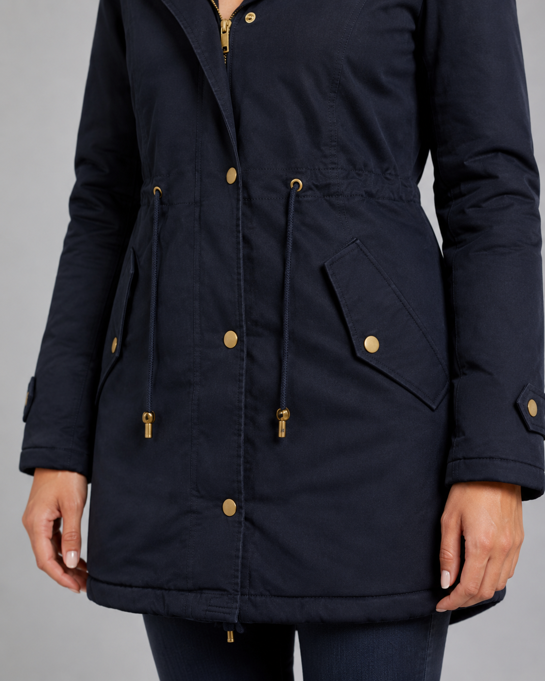 Fur Trim Hooded Long Parka with Drawstring Waist