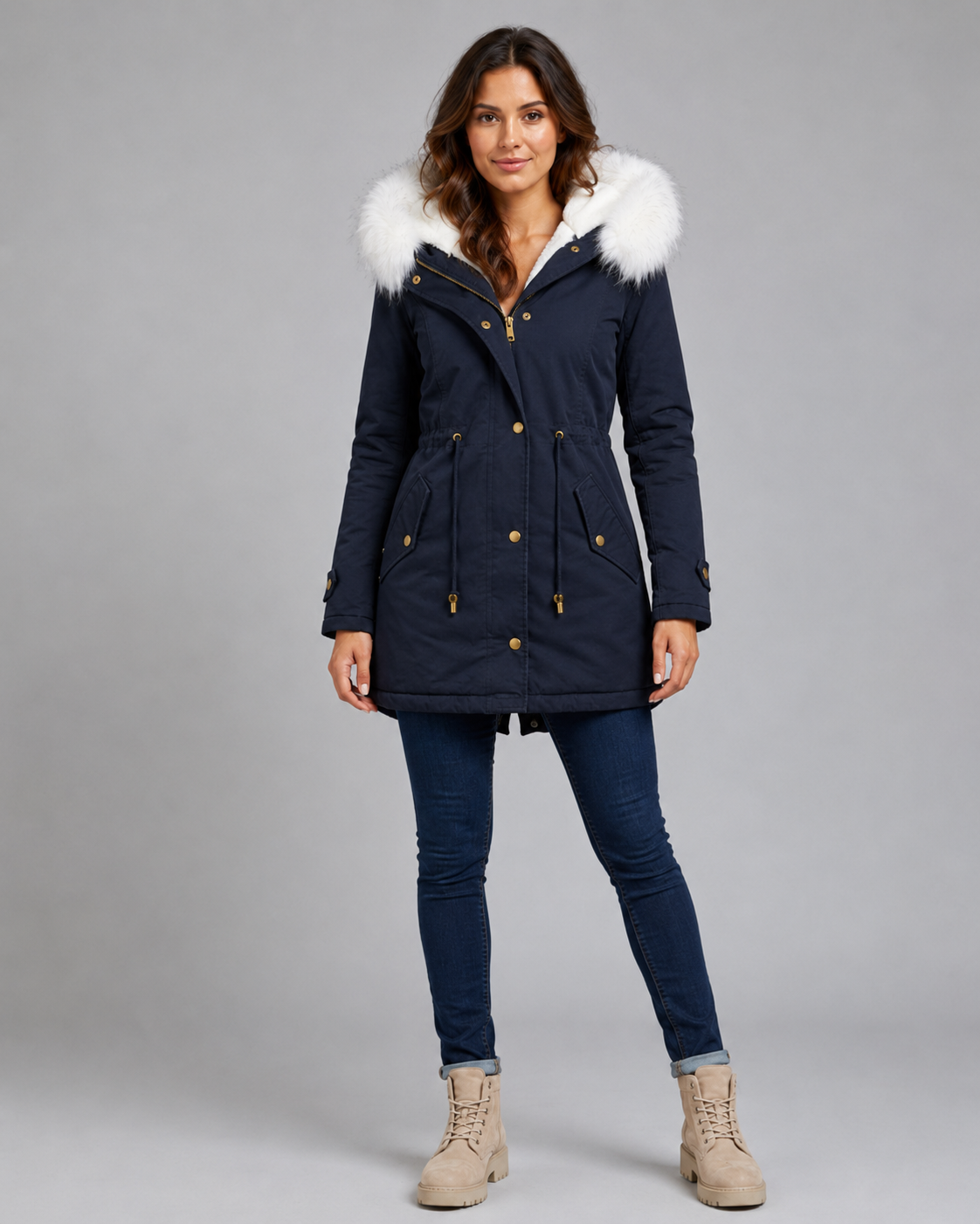 Fur Trim Hooded Long Parka with Drawstring Waist