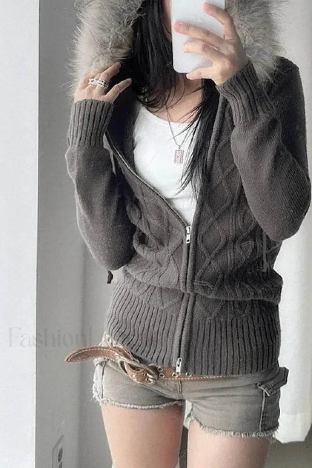 Furry Hooded Knitwear Zip Up Hoodie Grey / S