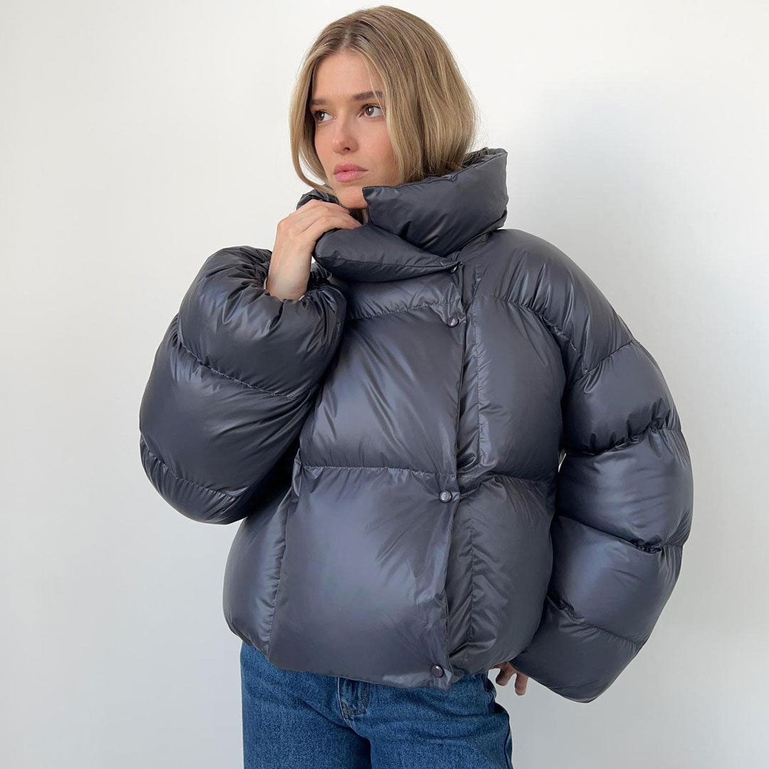 Futuristic Two Way Hooded High Neck Button Down Oversized Crop Puffer Coat