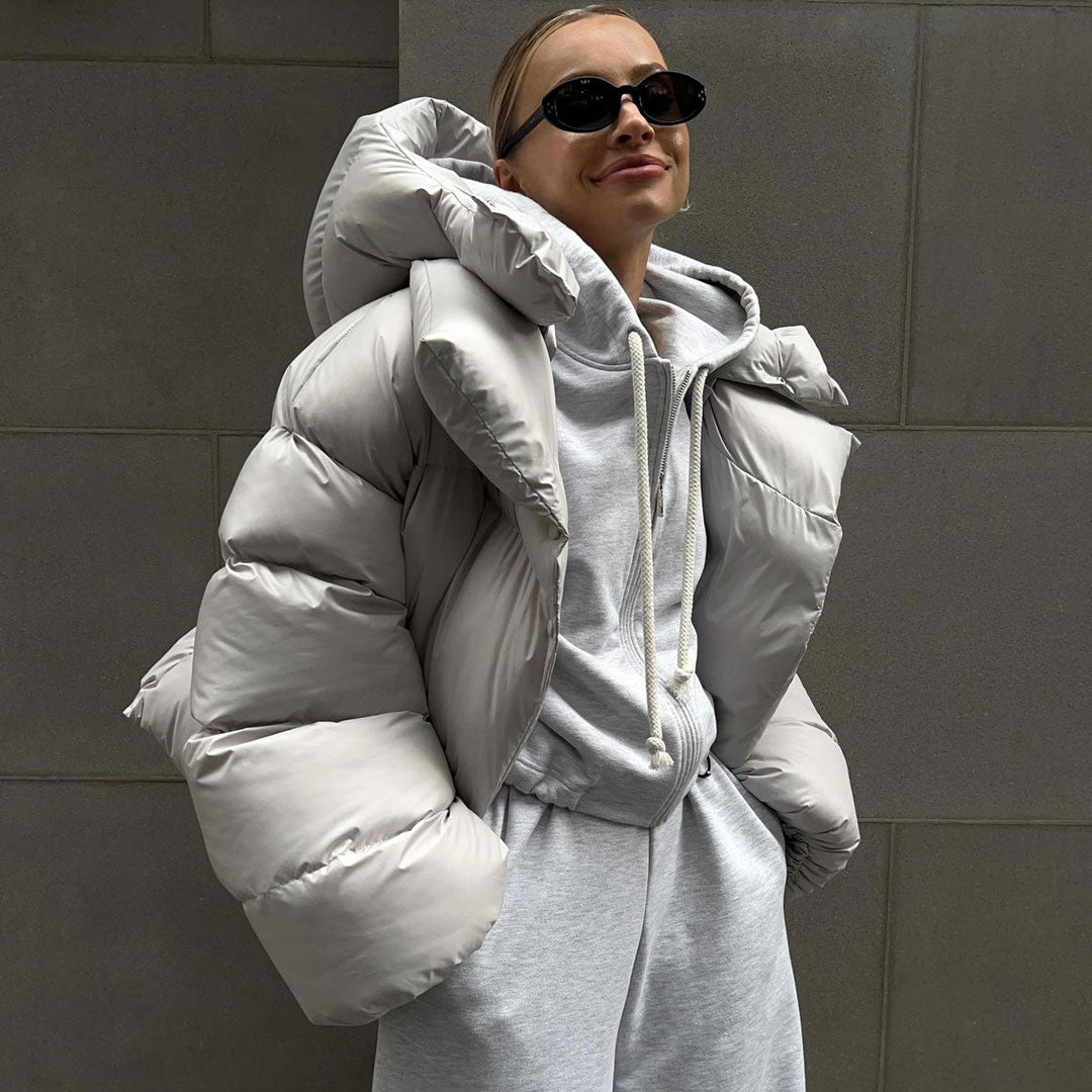 Futuristic Two Way Hooded High Neck Button Down Oversized Crop Puffer Coat