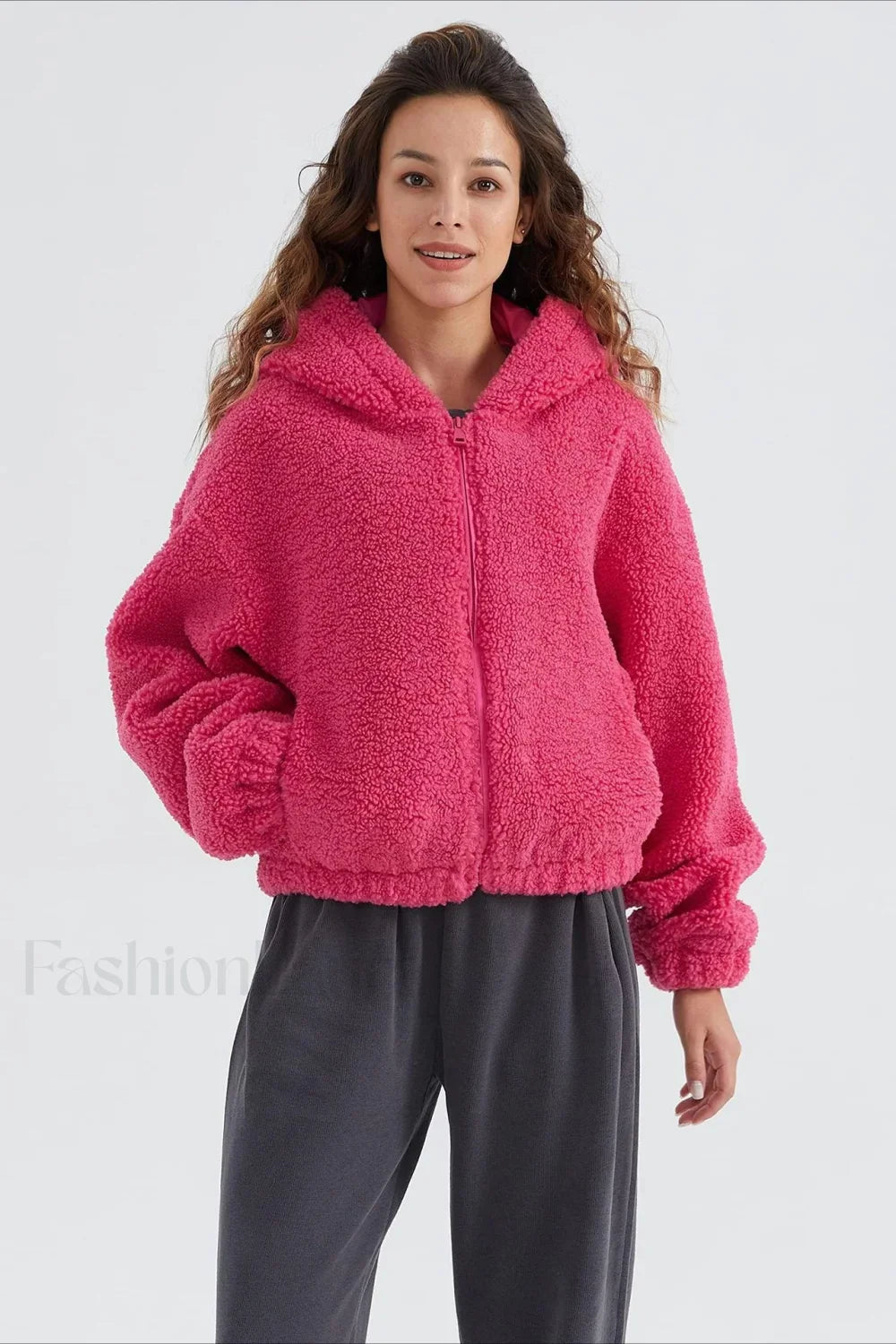 Fuzzy Hooded Zip Short Jacket
