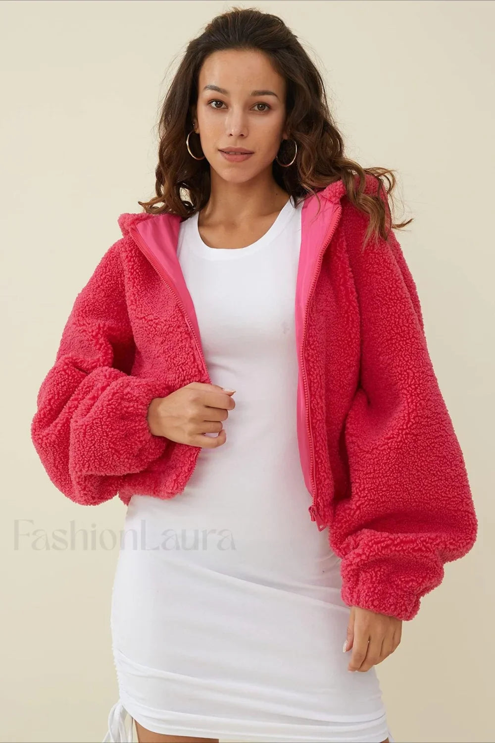 Fuzzy Hooded Zip Short Jacket Red / XS