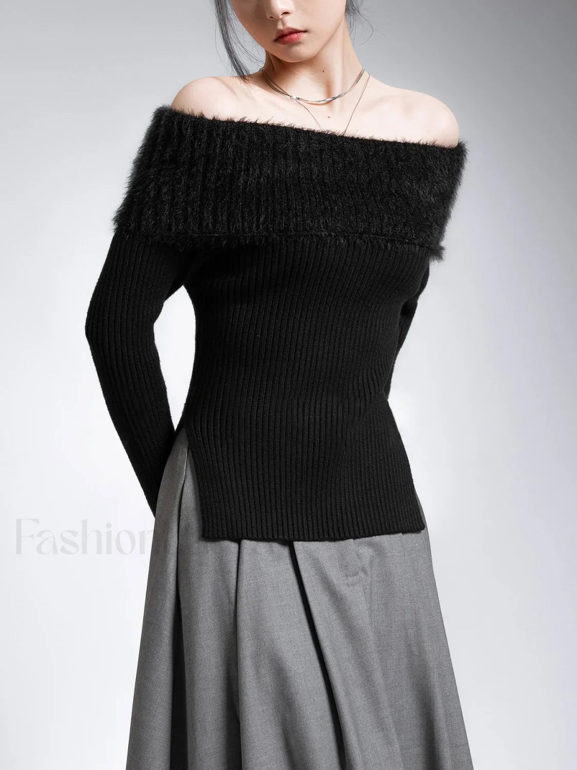 Fuzzy Off Shoulder Ribbed Modern Knit Patchwork Split Sweater