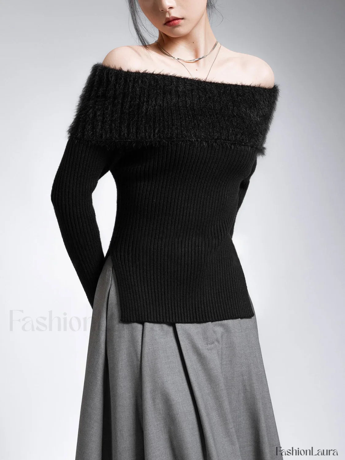 Fuzzy Off Shoulder Ribbed Modern Knit Patchwork Split Sweater