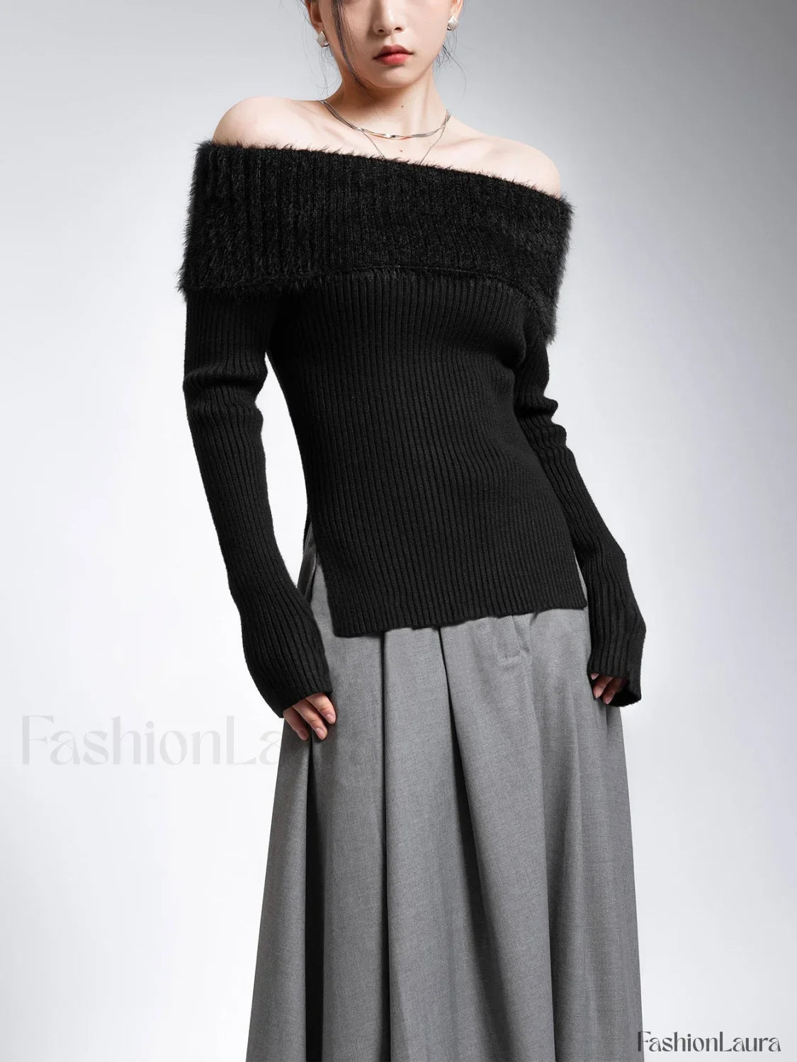 Fuzzy Off Shoulder Ribbed Modern Knit Patchwork Split Sweater