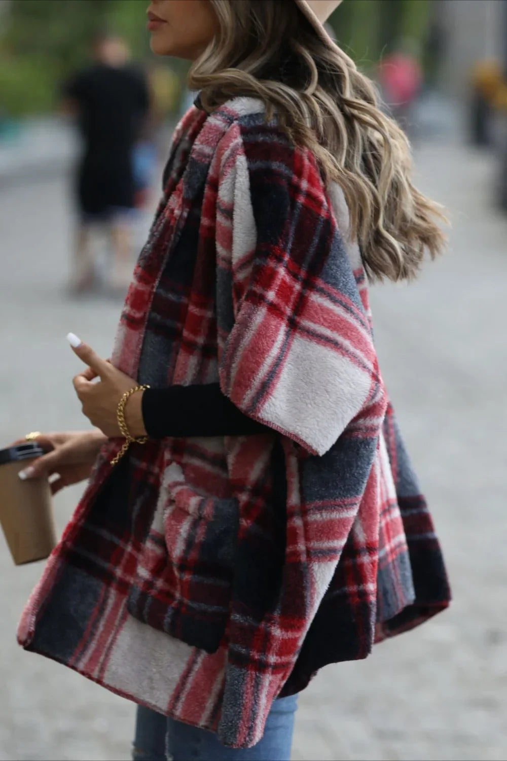 Fuzzy Plaid Hooded Short Sleeve Coat