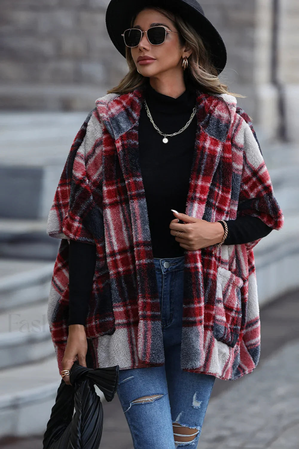 Fuzzy Plaid Hooded Short Sleeve Coat Red / S coats