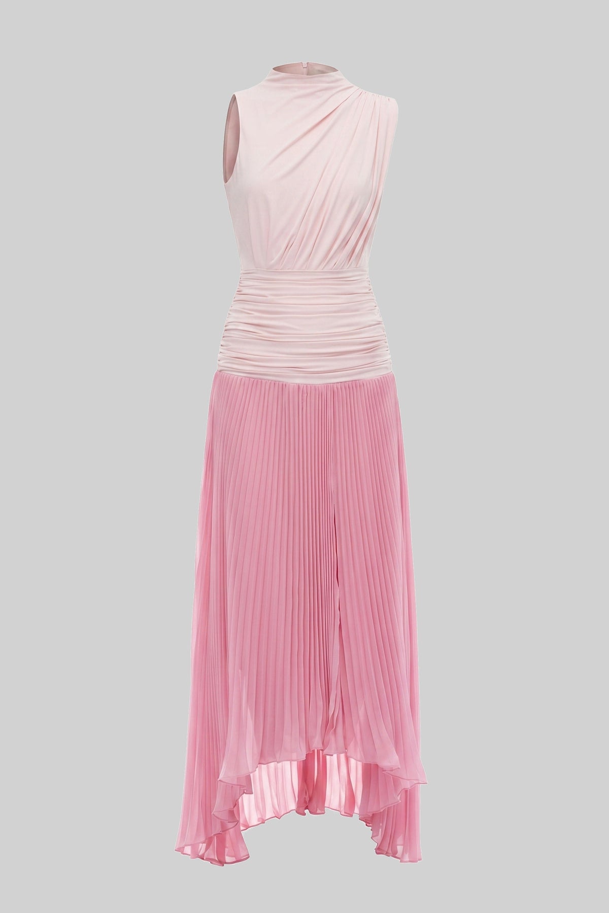 Mock Neck Sleeveless Ruched Bodice Pleated High Low Maxi Dress 2