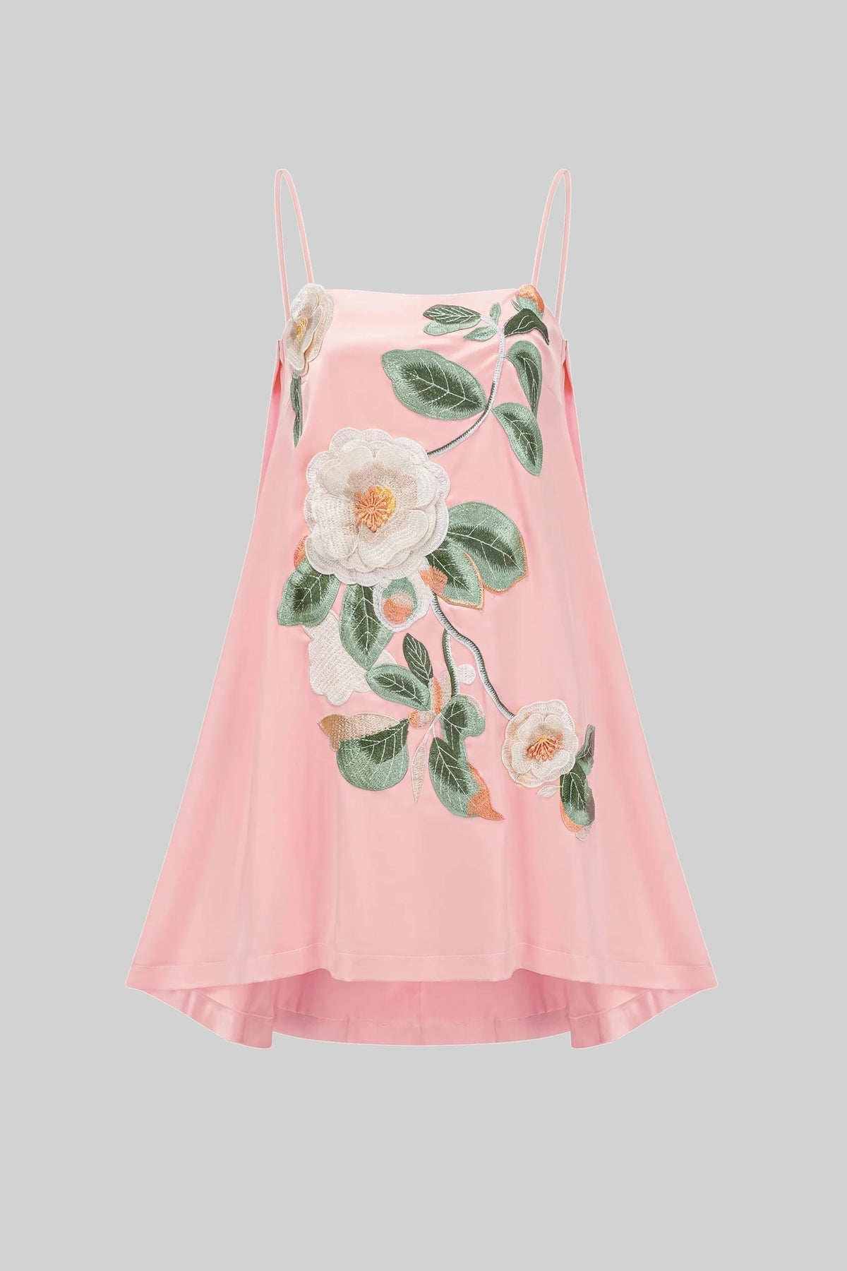 Satin Floral Applique Square Neck Spaghetti Strap Swing Mini Dress 2