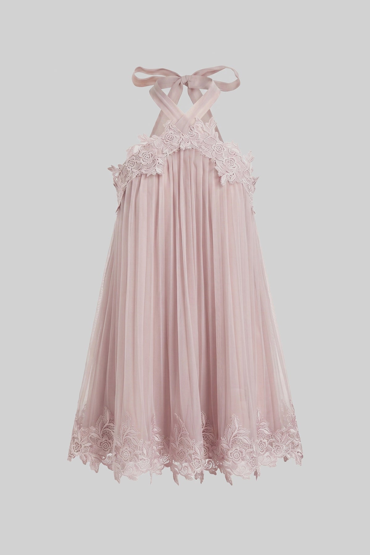 Halter Neck Pleated Chiffon Lace Trim Trapeze Mini Dress 2
