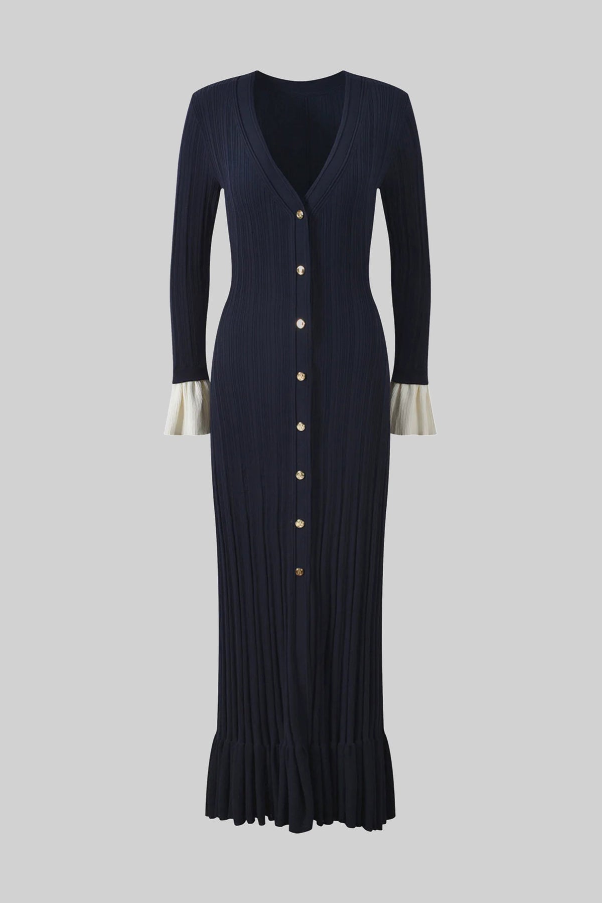 V-Neck Long Sleeve Button Front Contrast Cuff Ribbed Knit Ruffle Hem Midi Dress 2