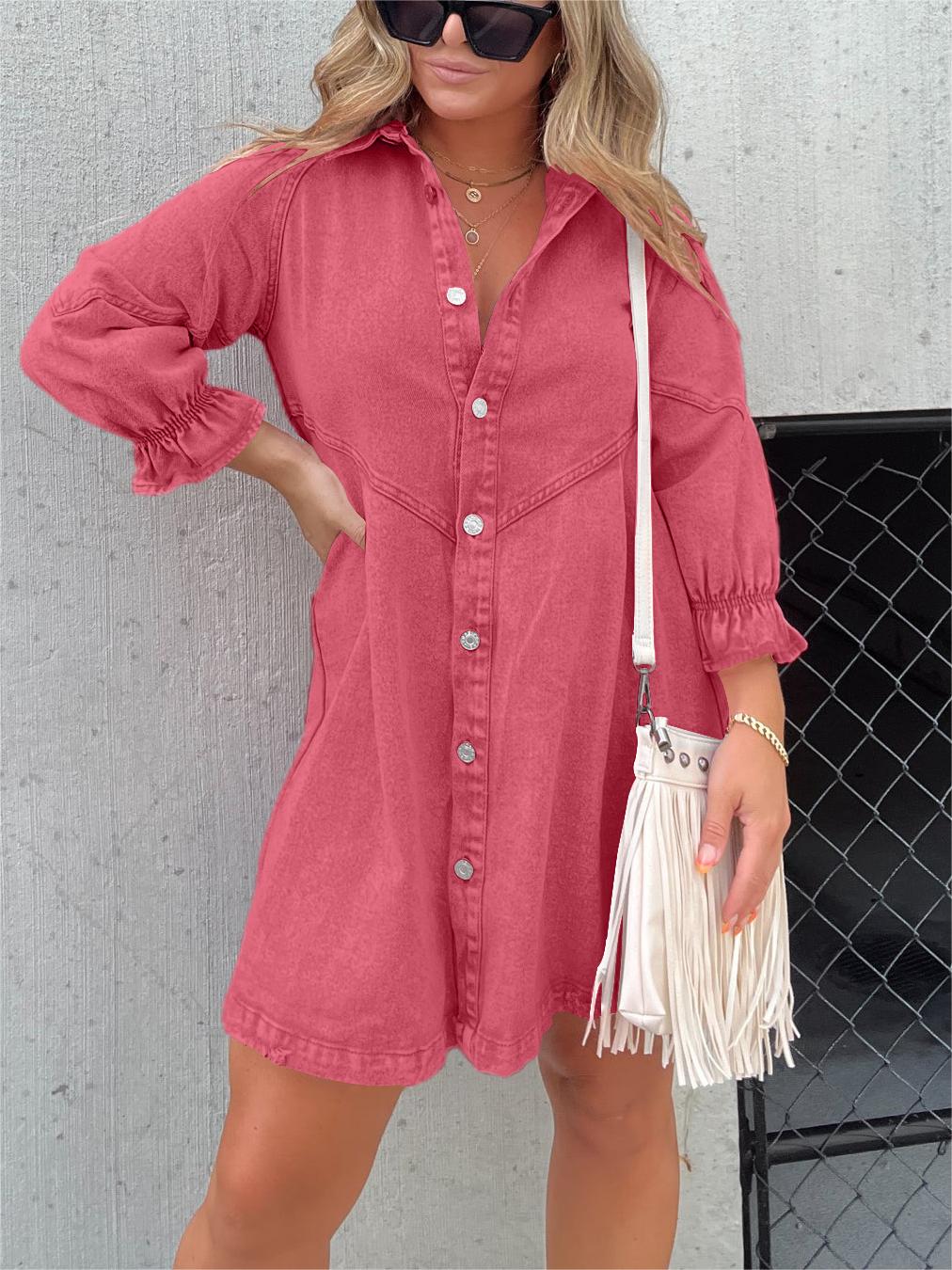 Nola | Chic Turn-Down Collar Denim Midi Dress Dark Pink