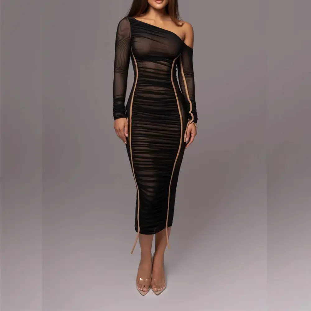 One Shoulder Long Sleeve Ruched Bodycon Midi Dress 6
