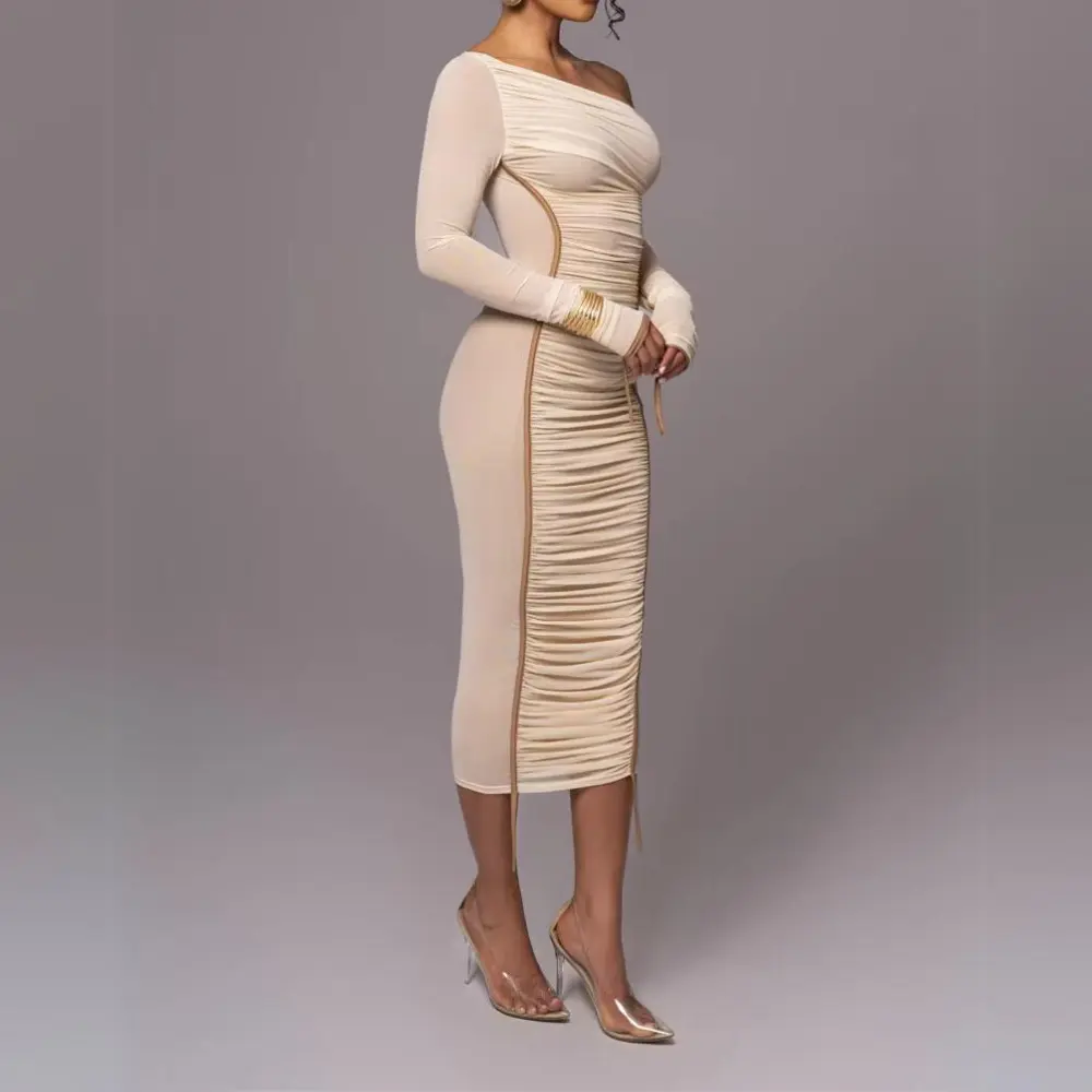 One Shoulder Long Sleeve Ruched Bodycon Midi Dress 2