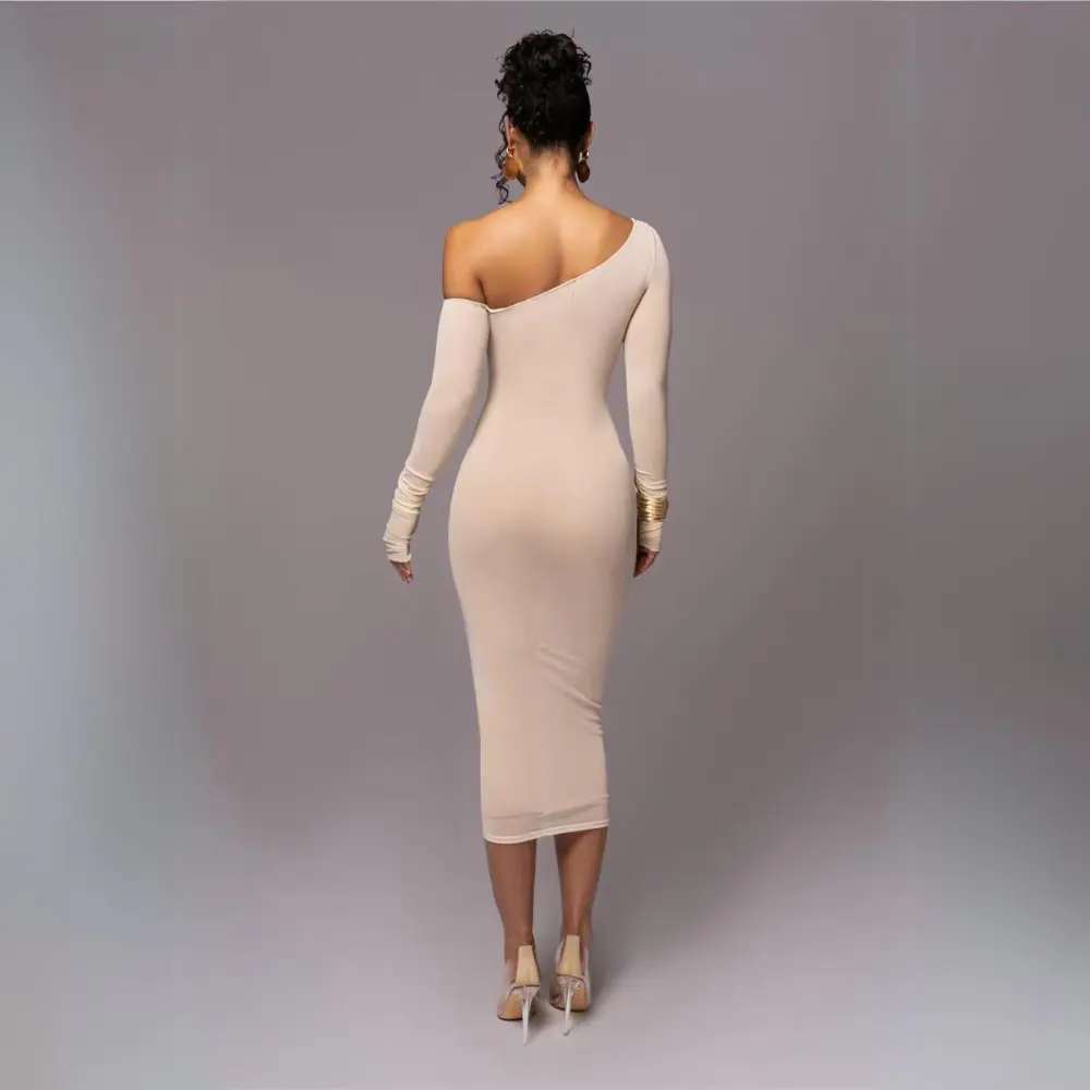 One Shoulder Long Sleeve Ruched Bodycon Midi Dress 3
