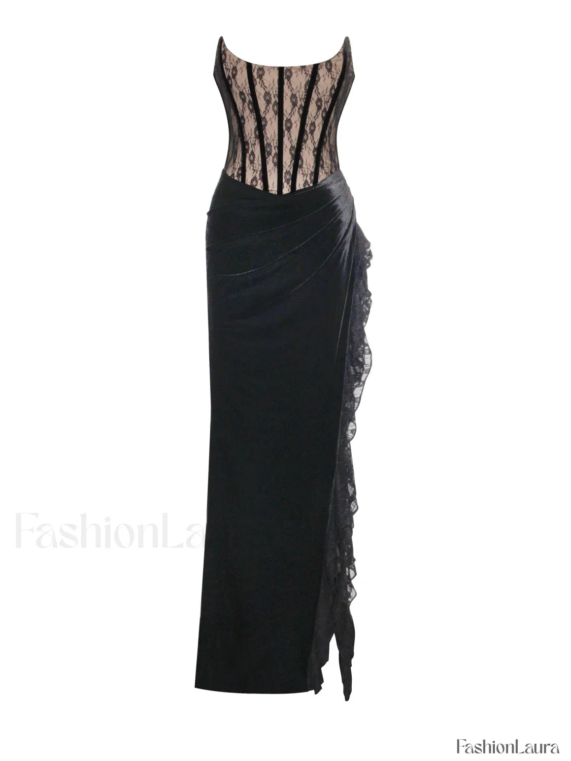 Gaia Black Lace Velvet Graceful Corset Side Slit Dress