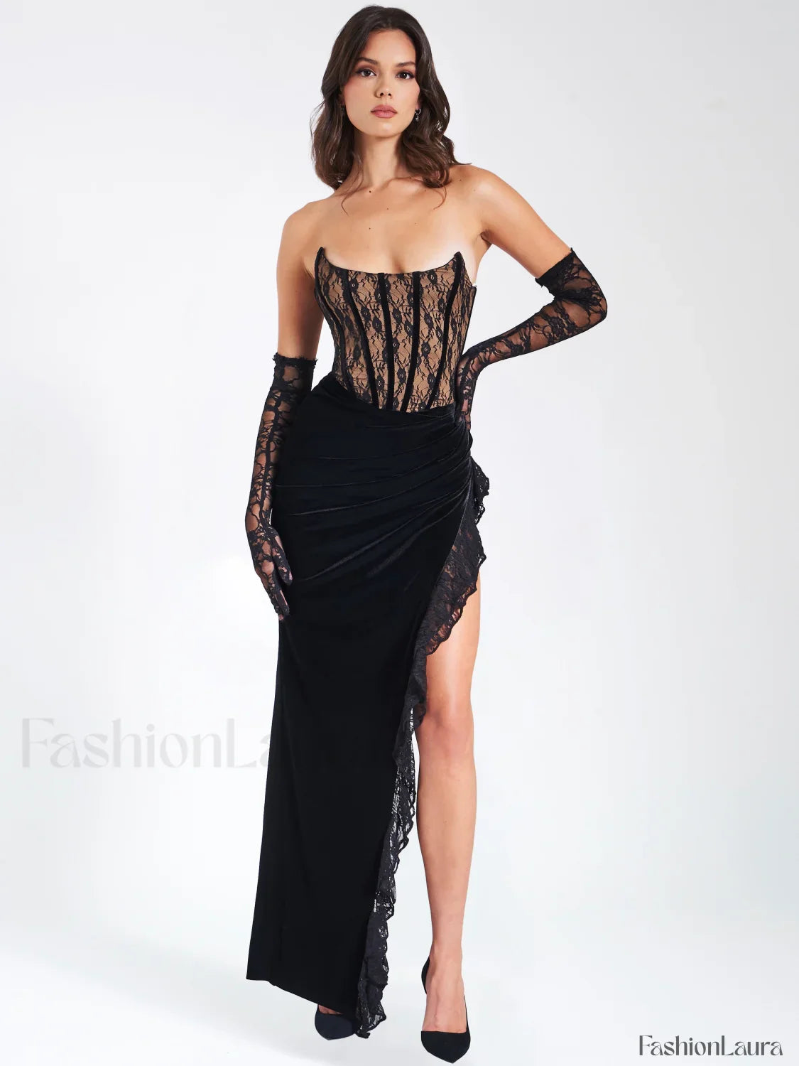 Gaia Black Lace Velvet Graceful Corset Side Slit Dress