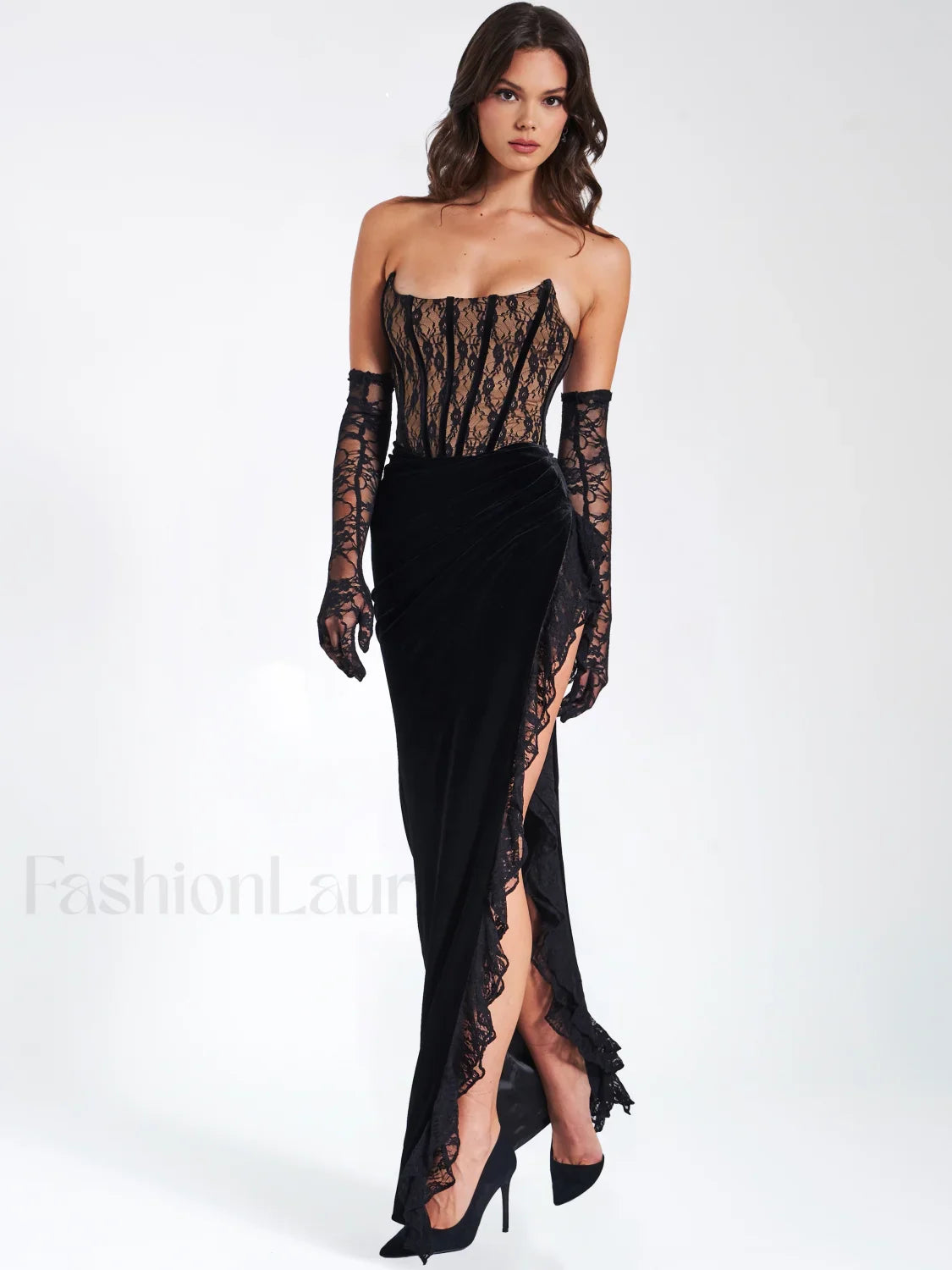 Gaia Black Lace Velvet Graceful Corset Side Slit Dress