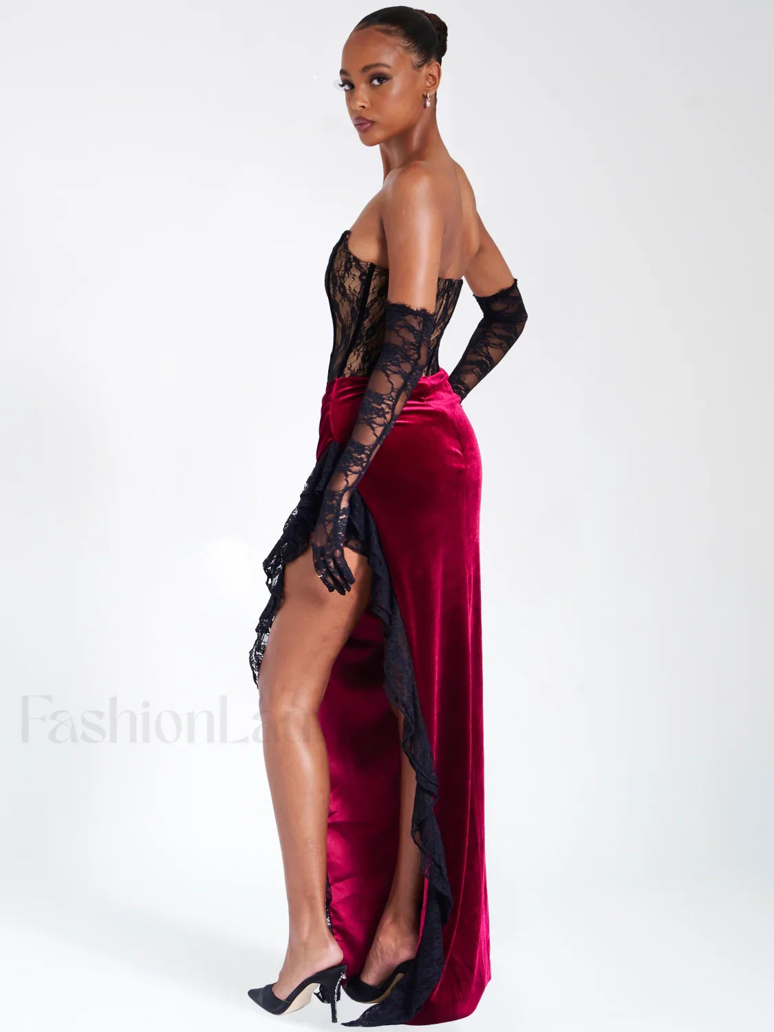 Gaia Burgundy Lace Velvet Graceful Corset Side Slit Dress