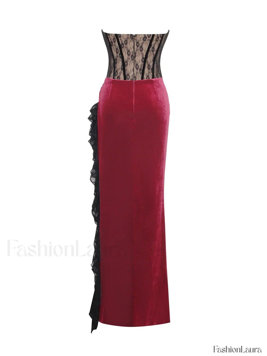 Gaia Burgundy Lace Velvet Graceful Corset Side Slit Dress