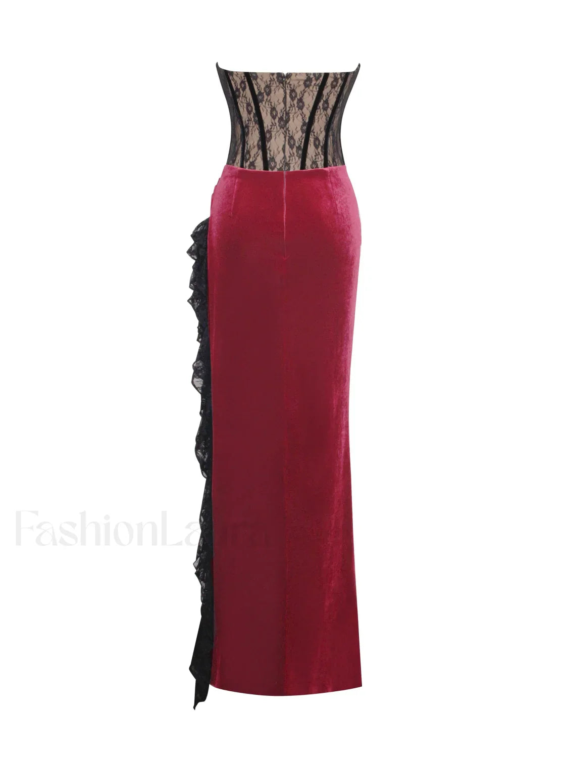 Gaia Burgundy Lace Velvet Graceful Corset Side Slit Dress