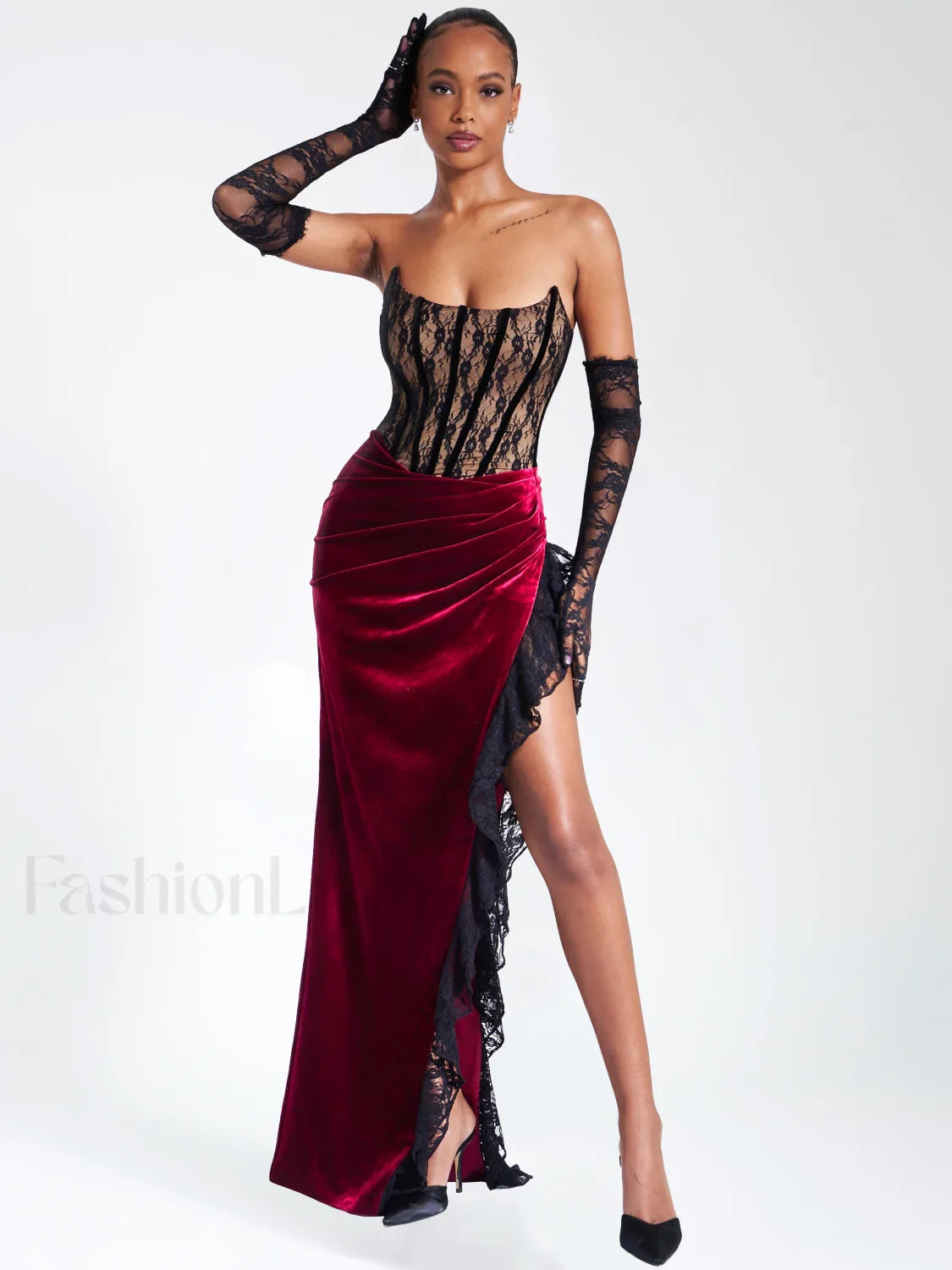 Gaia Burgundy Lace Velvet Graceful Corset Side Slit Dress