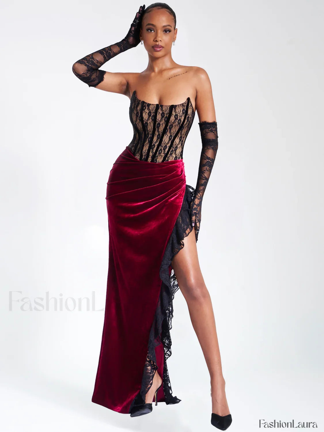 Gaia Burgundy Lace Velvet Graceful Corset Side Slit Dress