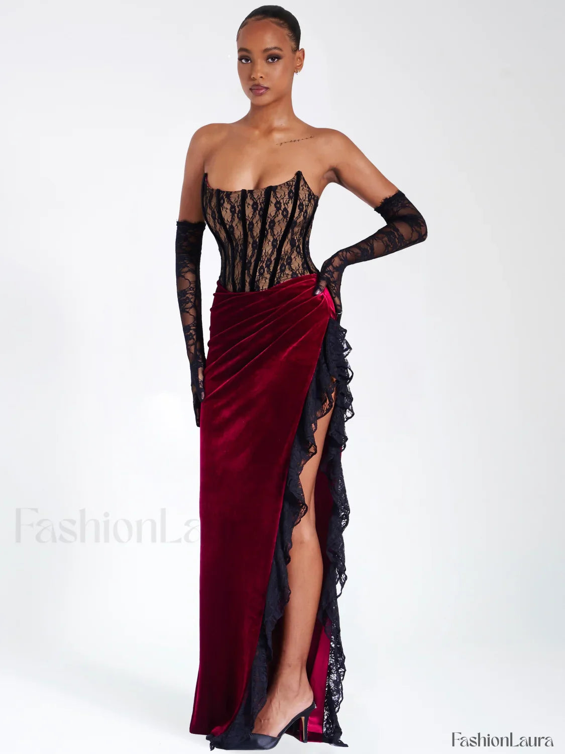 Gaia Burgundy Lace Velvet Graceful Corset Side Slit Dress
