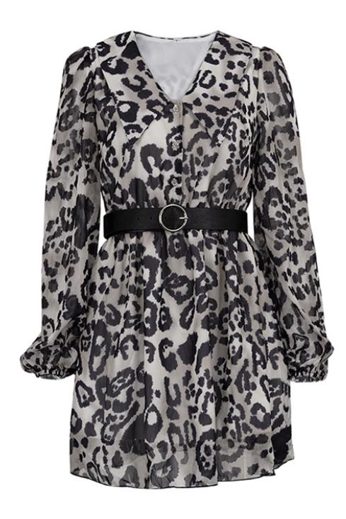 Leopard Print Chiffon V-Neck Collared Long Sleeve Mini Dress 5