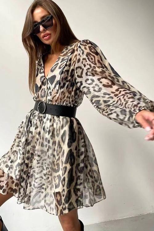 Melisa Timeless Printed Chiffon V Neck Mini Dress with Belt Designer Edit