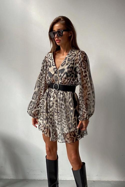 Leopard Print V-Neck Long Sleeve Belted Chiffon Mini Dress 4