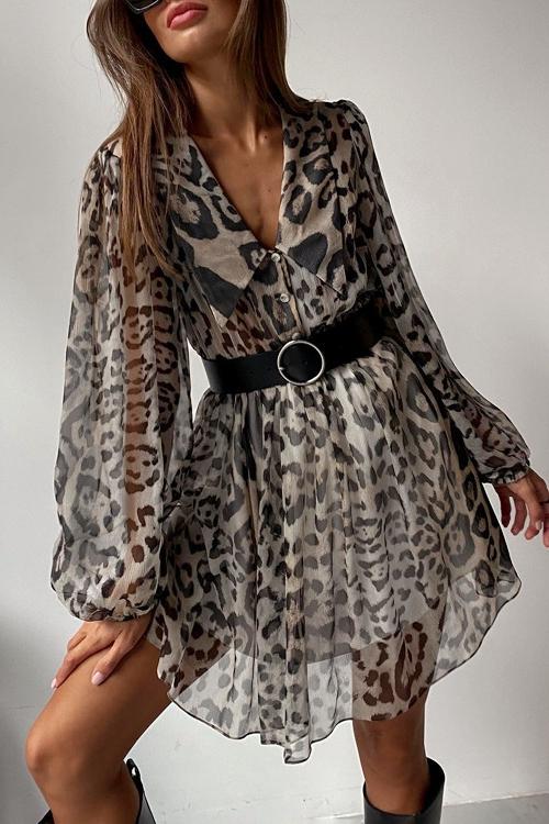 Leopard Print V-Neck Long Sleeve Belted Chiffon Mini Dress 5