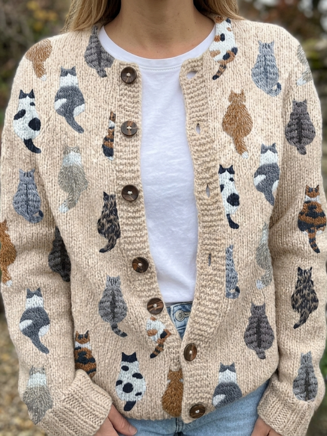 Cat Print Button Front Chunky Knit Cardigan