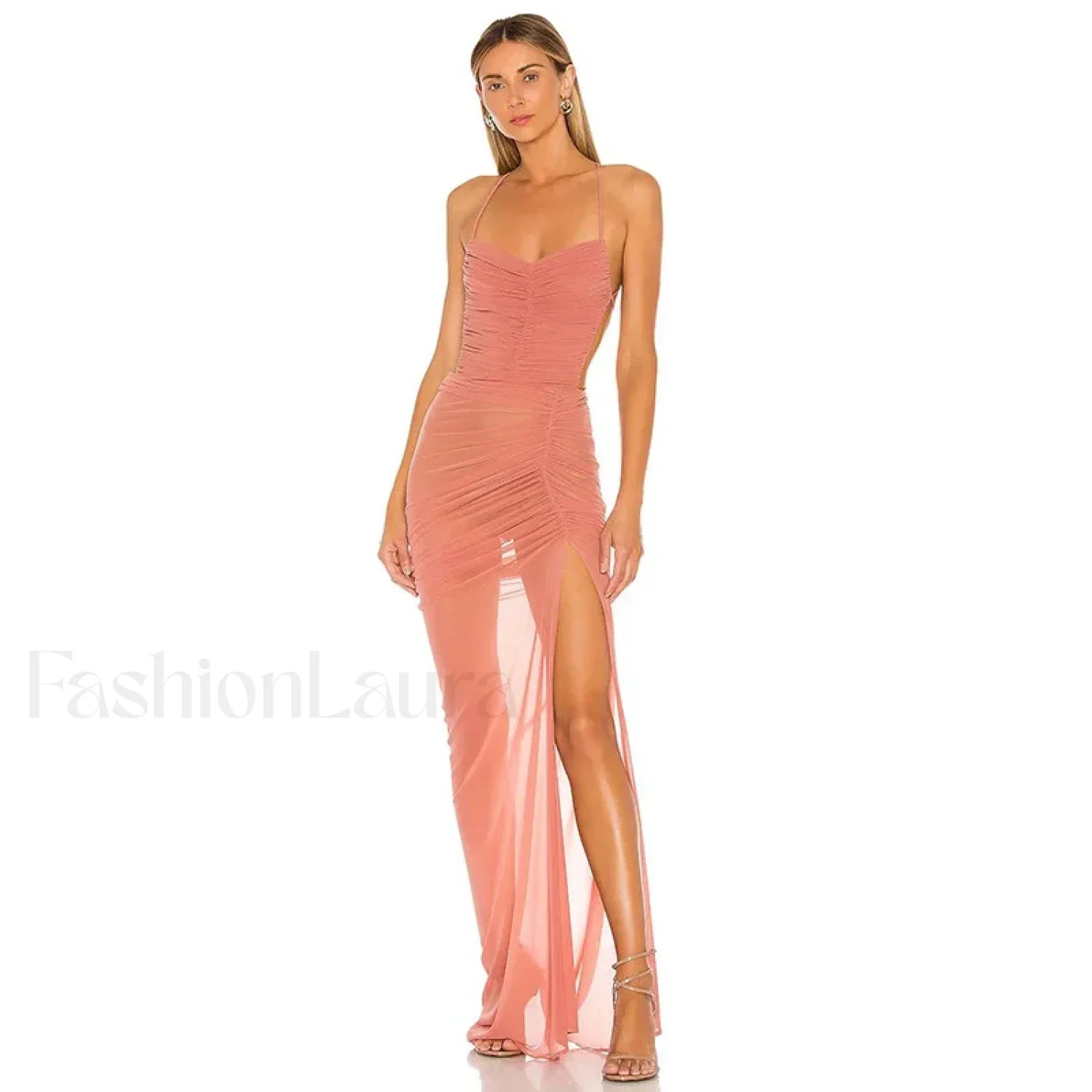Gauze Hollow Split Straps Maxi Dress