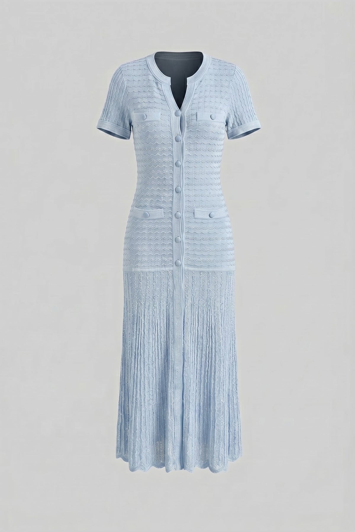 Crew Neck Short Sleeve Jewel Button Front Pointelle Knit Maxi Dress 2