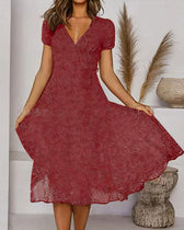 fit and flare dress knee length with sleeves Deep V-Neck Puff Sleeve A-Line Summer Color:Champange Behind the Dress: Carolina The Rivie Dress is katie j juniors