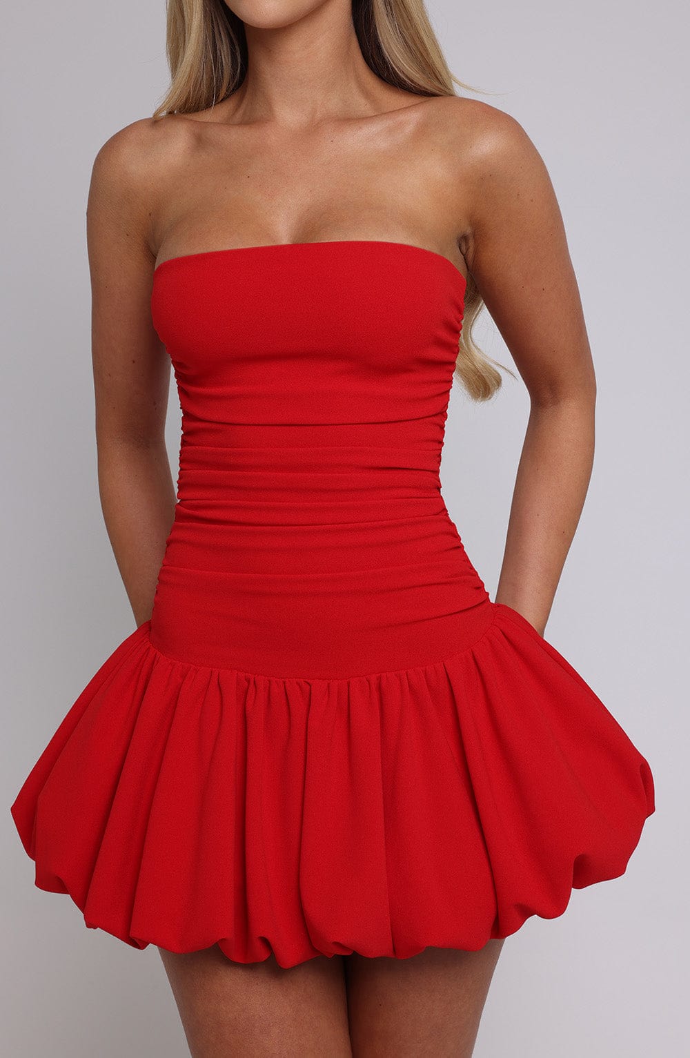 Strapless Ruched Bubble Hem Mini Dress Party 6