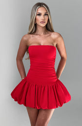 Strapless Ruched Bubble Hem Mini Dress Party 9