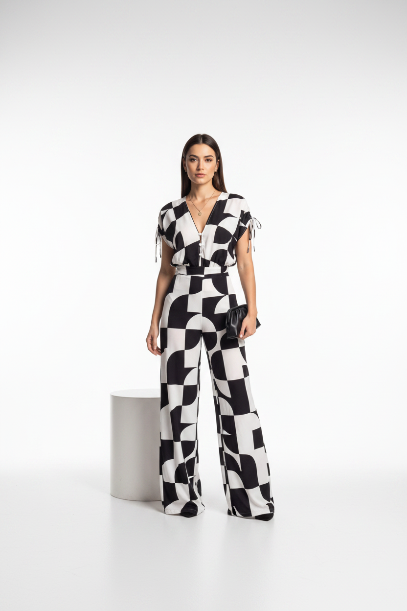 Stylish Geometric Casual Jumpsuit with Pockets and Adjustable Straps