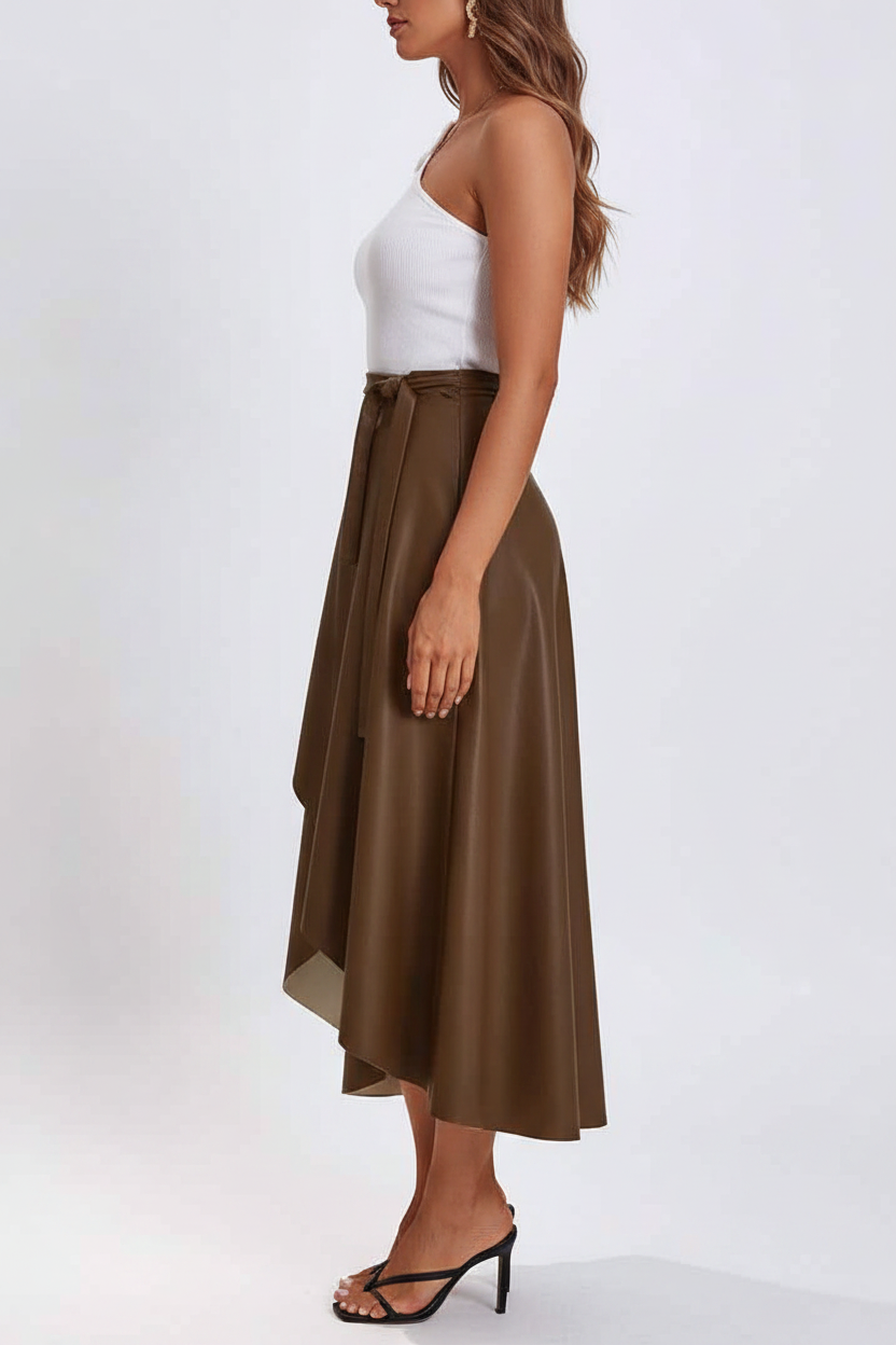 Black Midi Skirt Wrap With Adjustable Side Tie For A Sleek Silhouette Sheen Polyurethane Leather