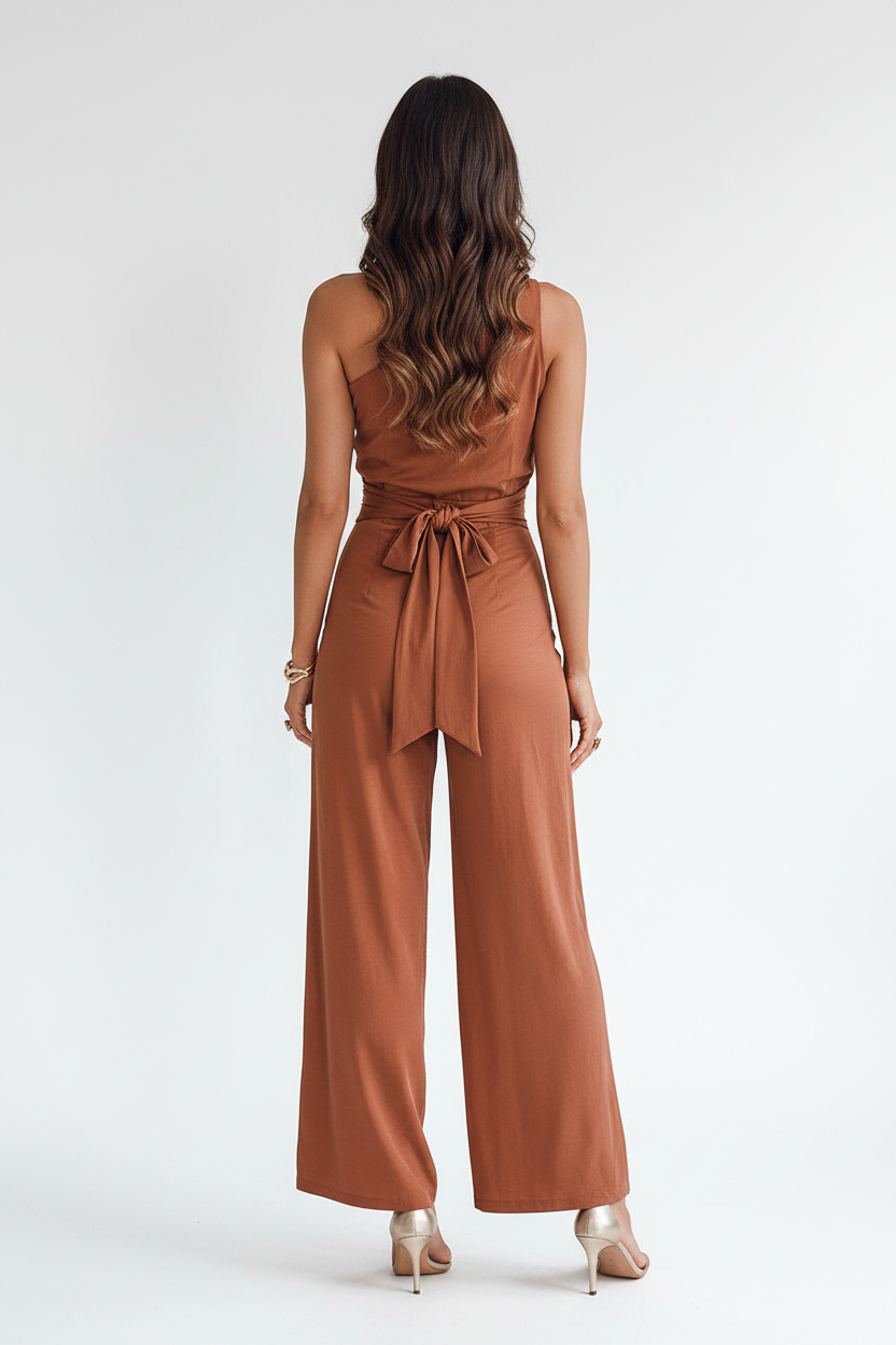 Elegant Asymmetric Wide-Leg Jumpsuit with Pockets & Adjustable Straps