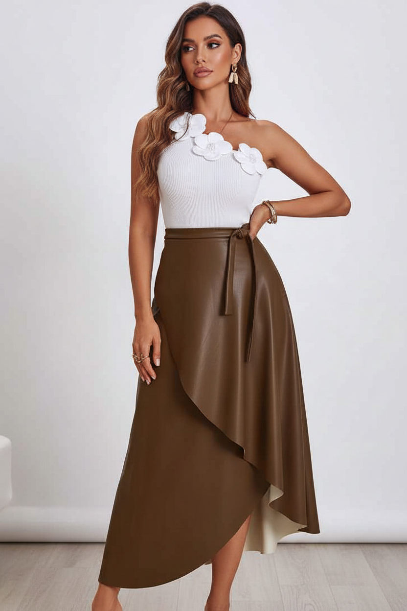 Black Midi Skirt Wrap With Adjustable Side Tie For A Sleek Silhouette Sheen Polyurethane Leather