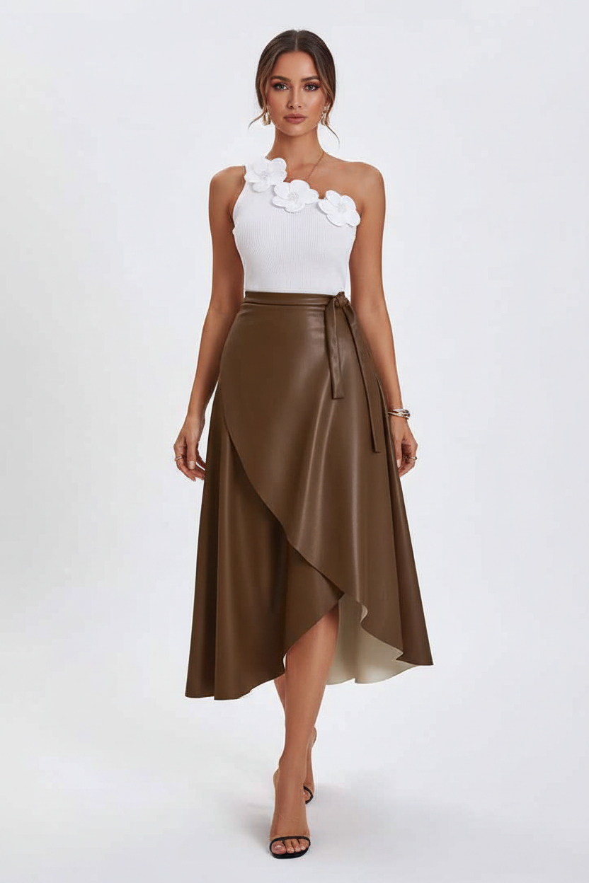 Black Midi Skirt Wrap With Adjustable Side Tie For A Sleek Silhouette Sheen Polyurethane Leather